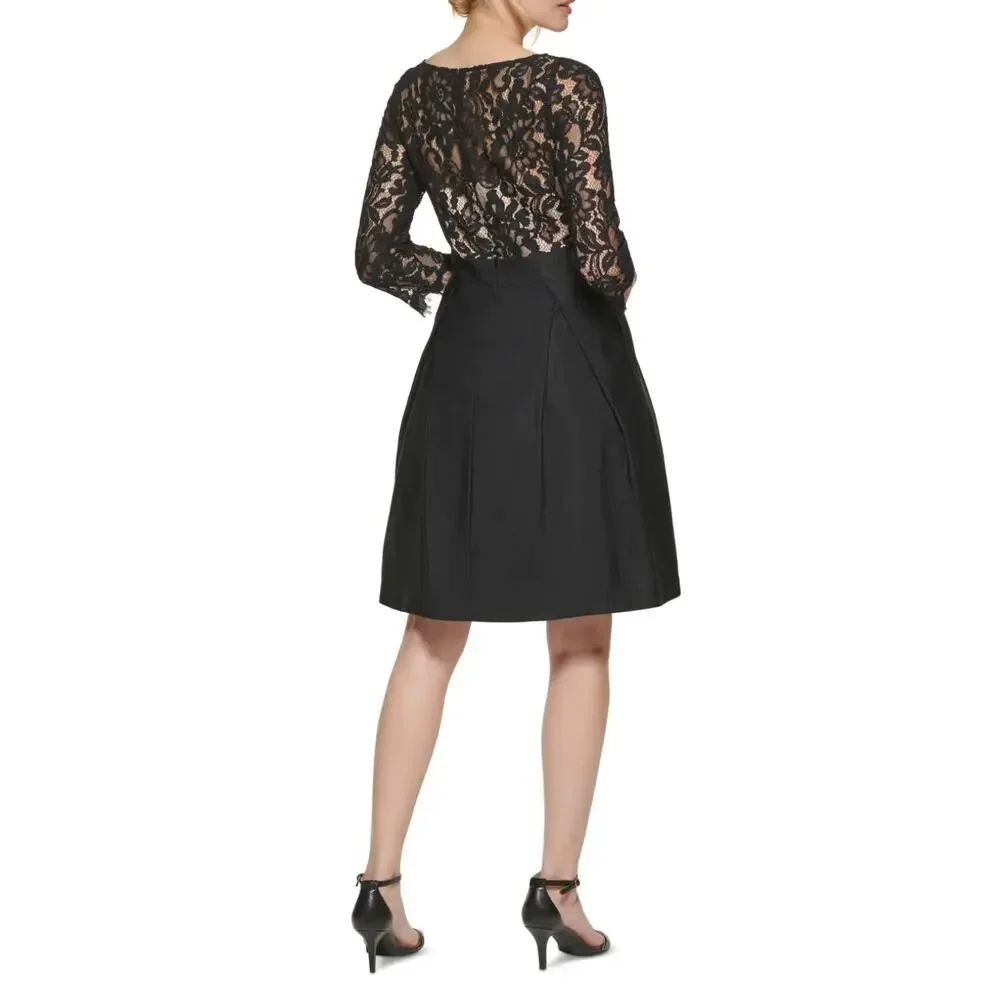 Eliza J Womens Lace-Top Boat-Neck Cocktail and Party Dress in black. Size 4.